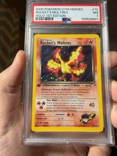 2000 Gym Heroes Rocket's Moltres 1st Edition Holo #12 PSA 7 English W Swirl picture