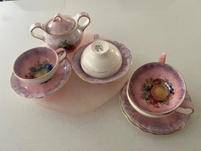 Vintage Clarice Cliff – Sugar Bowl + 4 Cup & Saucer Sets – Pink Fruit Design picture