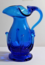 Vintage Blue Hand Blown Art Glass Pitcher Ewer Ruffled Rim 6