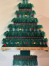 Vtg 70s Large Woven Christmas Tree Wall Hanging Pom Pom tinsel  Tinsel 26” x 42” picture