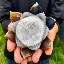 255G Natural Agate Geode Carved Lotus Flower, Hand Carved Healing Crystal Home picture