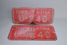 Vintage Town of Utica Metal Fleet Plates U-240 & U-1240 Red Embossed (2) picture