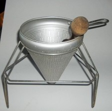 Vintage Aluminum Colander Strainer With Stand & Wood Masher picture