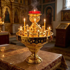Handcrafted Gold Plated Orthodox Candelabra with Cross Cutouts for Church Liturg picture