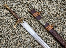 Damascus Steel Medieval Sword Lion Pommel Fantasy Knight Sword Leather Scabbard picture