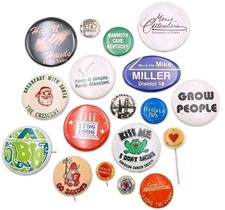 VTG Pin-Back Metal Button Lapel/Hat Pin Retro Mixed Novelty Statement *Lot Of 18 picture