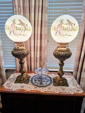 Antique Style Banquet Parlor Brass Lamp, Hand Painted Victorian Couple picture