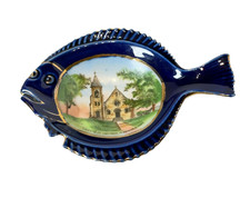 MARMORA ONTARIO - CHURCH CANADA Souvenir ANTIQUE CHINA COBALT TRINKET DISH FISH picture