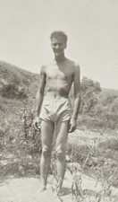 Vintage 1940s Handsome Shirtless Man Physique Snapshot Outdoor Beach Swim Trunks picture