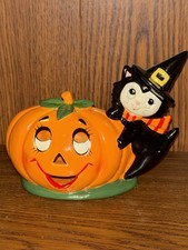Vtg 1985 Geo Z Lefton Halloween Black Cat & Pumpkin Jack O Lantern Candle Holder picture