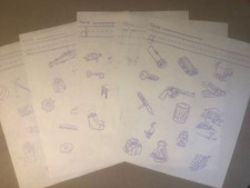 lot of five old elementary school mimeograph paper picture worksheets hand art picture