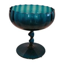 Vintage Teal  Blue Pedestal Compote Bowl Italian Empoli Optic Glass 7