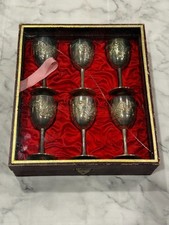 Vintage Chinese Export Set of 6 Marked Sterling Silver Dragon Cups Original Case picture