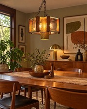 Vintage Fredrick Ramond MCM Walnut Brass Smoked Glass 5-Light 3-Way Chandelier picture