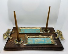 Rare Complete Set VTG 1950 Israel Bagel&Lox Glass Serving Set, Wood Tray-Judaica picture