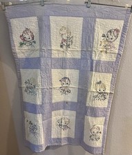 Vtg 1962 Baby Quilt - Hand Embroidered Toddlers with Pets 32.5