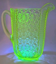Antique ~1880s Vaseline Glass Water Pitcher Princess Fine Cut EAPG GLOWS 9