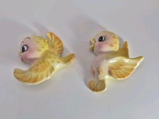 1950's Ceramic Two Baby Yellow Birds MCM Wall Plaques Anthropomorphic *Japan picture