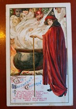 Antique Halloween Postcard Winsch Schmucker Witch In Red Robe  Cauldron & Masks picture