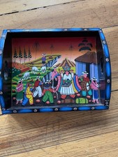 Vintage Tigua Fok Art Hand Painted Wooden Serving Tray Ecuador Andean Village picture