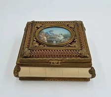 Antique Italian Gilt Metal Jewelry Casket Boucher Scene Velvet Lined picture