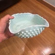 Fenton Large Pastel Green Hobnail Milk Glass Ruffled Berry Bowl RARE HTF 🔥 picture