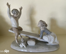 Lladro Porcelain Children on Seesaw Figurine w/ Dog. picture