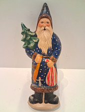 Vaillancourt Folk Art Santa Figurine Blue Coat Holding Tree Signed 1999 picture
