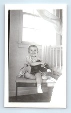 Old Vintage Photo SOLO SMILING GIRL TOY STUFFED ANIMAL CRIB PLAYPEN SNAPSHOT picture