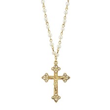 1928 Jewelry Gold Tone Faux Pearl Cross Pendant Necklace, 16-19 Inch picture