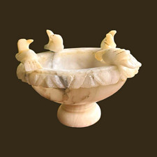 Vintage Carved Alabaster Birdbath Bowl 4 Birds Pedestal Trinket Dish picture