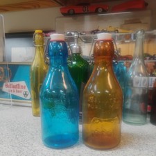 Pair Vintage embossed Thatcher's Dairy one Quart Brown & Blue Glass Bottles picture