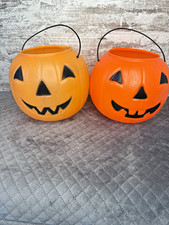 Vintage Halloween Plastic Jack-O-Lantern Pumpkin Pails Lot of 2 Orange/Black picture