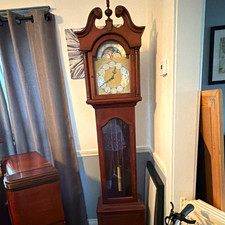 Colonial Longcase Grandfather Clock Wood & Glass Brown Analog Arabic Pendulum picture