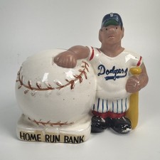 Vintage Home Run Bank Brooklyn Dodgers Player Ceramic Piggy Bank w orig. Stopper picture