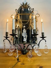 Antique French Style Bronze Mirror Wall Sconce Pair Crystal Prism Drops picture