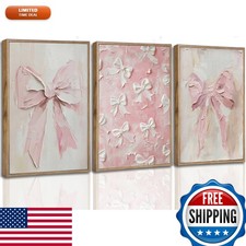 3Pcs Pink Bow Canvas Wall Art 12x16in Framed Vintage picture