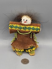 VINTAGE AMERICAN BEADED Folk Art  LEATHER DOLL,  Signed Plains? picture