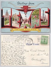 Vintage 1941 Greetings from TEXAS Linen Postcard Longhorn Alamo Oil Field picture
