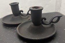 2X Vintage Black Cast Iron Chamberstick Candle Holders Pair Primitive Rustic 9A1 picture