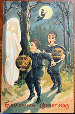 Vintage Scared Little Boys Ghost Witch Moon Jack OL  Antique Halloween Postcard picture