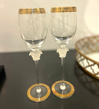 Rosenthal Versace Set of 2 Stemmed Wine Glasses Clear Gold Greek Key Trim picture