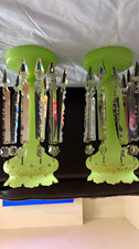 Antique pair (2) Green opalescence uranium glass Mantle Lusters Vaseline picture