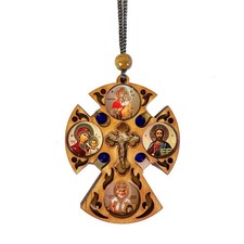 Orthodox Wooden Icon Cross Crucifix 4 Icons Car Room Religious Gift 3.25