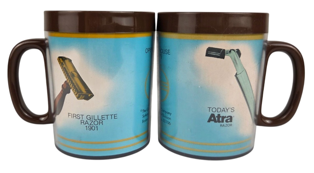 Vintage 1979 Gillette Open House Mugs Set of 2 Thermo-Serv Razor Collectibles