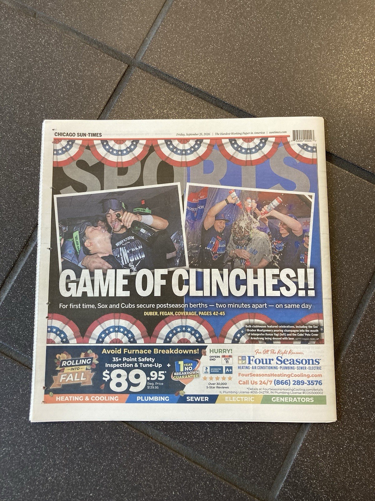 CHICAGO SUN-TIMES NEWSPAPER 9/25/2026 WHITE SOX & CUBS CLINCH WILDCARD PLAYOFFS