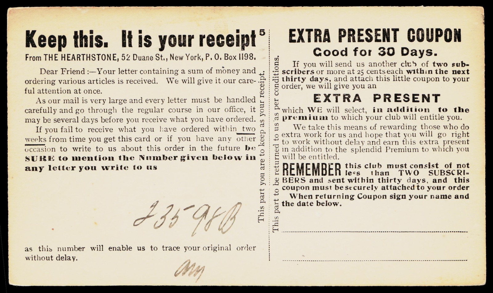1906 The Hearthstone New York City NY Victorian Advertising Receipt Postal Card