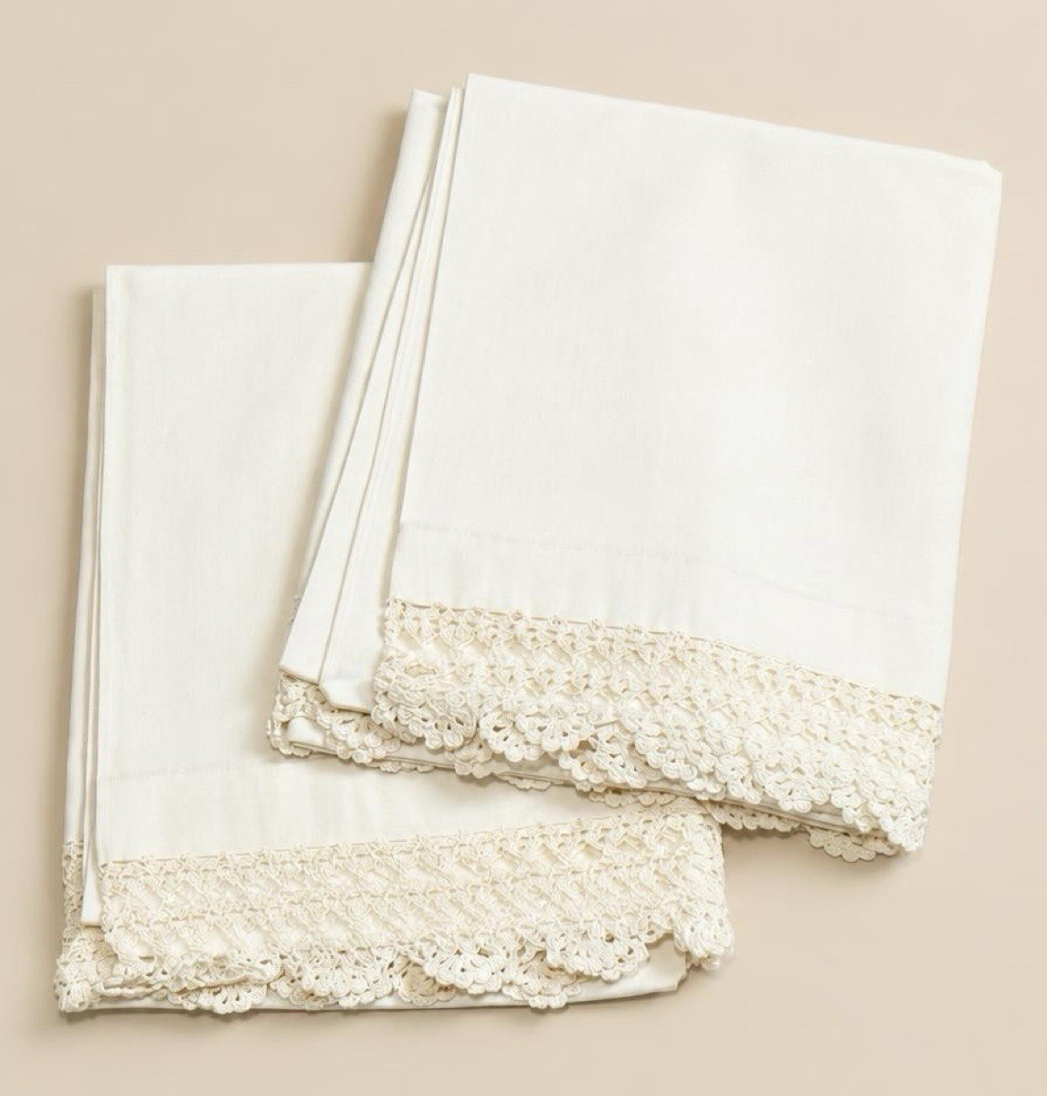 Vintage Pair White Cotton Pillowcases Crochet Lace Edging 33”x21”