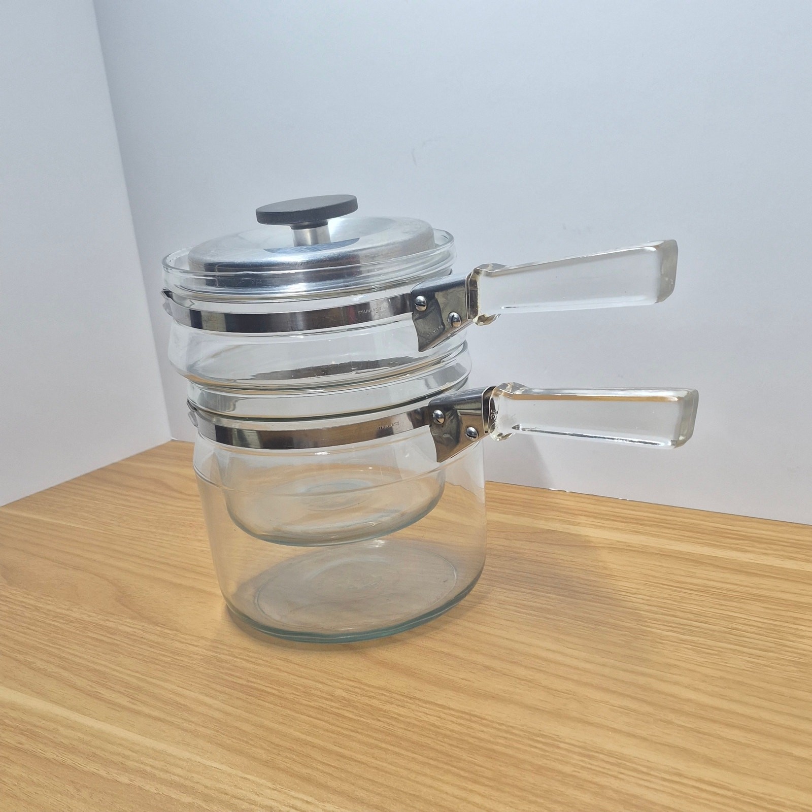 Vintage Pyrex Flameware 1940s Glass Double Boiler 3pc Stacking Glass Handles