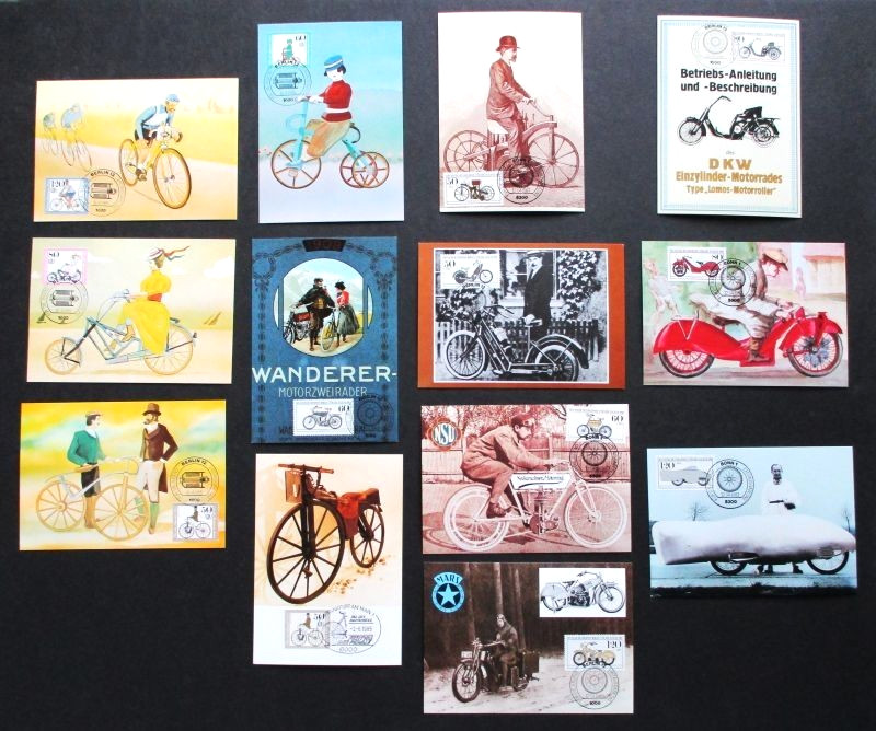 Thirteen Antique Bicycle & Motorcycle German Maximum Maxi Postcards - 1983, 1985